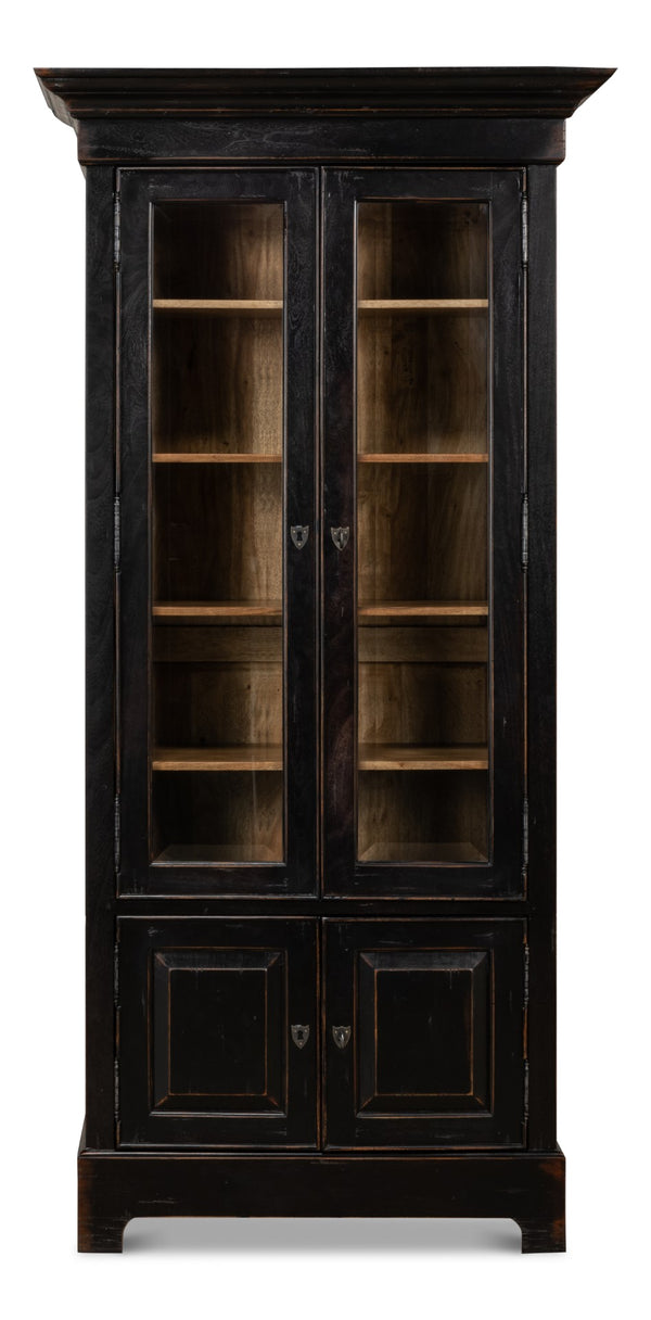 Sarreid Bookcase In Elegant Ebony Finish - Solid Walnut And Glass With 5 Adjustable Shelves & 2 Keys Black  27160