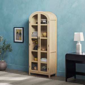 English Elm Walker Edison - Modern 5 Shelf Arched Tall Bookcase with Tempered Glass Doors, MDF Durability, Sleek Metal Handles, Showcase Pieces in Living and Office Spaces Oak 72.31 L x 19.01 W x 15 H B185S00025