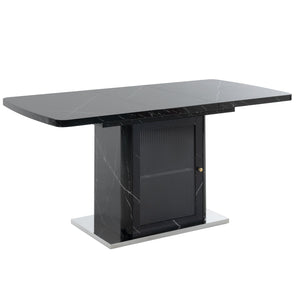 English Elm 47.24"-63"Modern Rectangle Dining Table with Extendable Top, Printed Marble Look, Sturdy Steel Base & Storage Black W757P331963