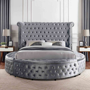 English Elm 1pc Glam Wingback Storage Bed Velvet Tufted Headboard with Usb Eastern King Gray B2741S00819