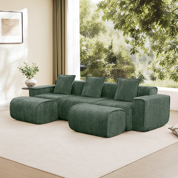 English Elm Streamlined Velvet U-shape Modular Sectional Sofa with Ottomans French Piping Cloud Foam Green W3041S00367