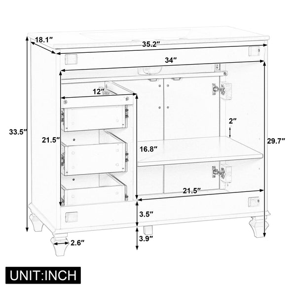 English Elm 36" Bathroom Vanity - Modern Blue Grey Solid Wood Cabinet With Elegant Gold Handles & Ample Storage N725P356069E