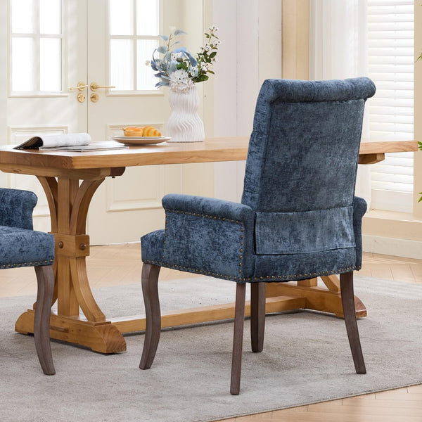 English Elm Upholstered Chenille Club Dining Chair Tufted High Back with Curved Solid Wood Legs Blue W1143P449346