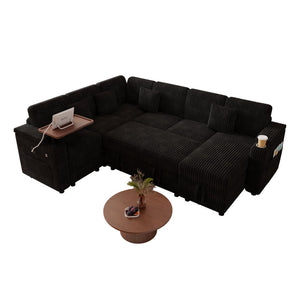 English Elm 100-inch Corduroy U-shaped Sectional Sleeper Sofa with Usb Port and Hidden Storage Black W2564S00136