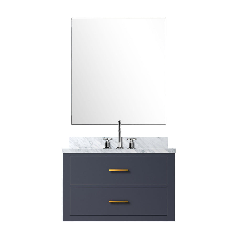English Elm Blue Single Bathroom Vanity Set With Carrara Marble Top, Mirror & Chrome Faucet - Elegant Design B2731S01975