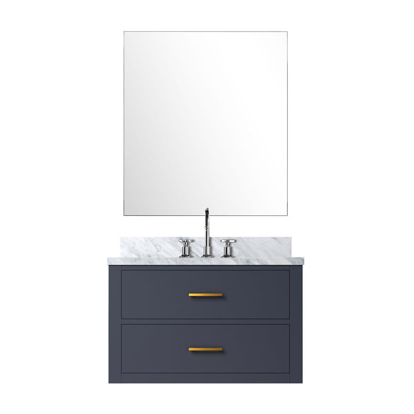 English Elm Blue Single Bathroom Vanity Set With Carrara Marble Top, Mirror & Chrome Faucet - Elegant Design B2731S01975