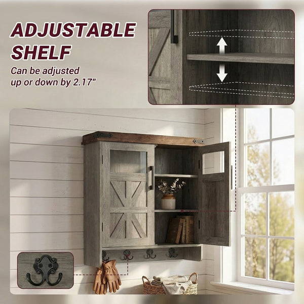 English Elm Bathroom Wall Cabinet Over Toilet with Adjustable Shelves and Built in Towel Hook Grey+Brown T5831P489009