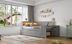 English Elm Full Size Pine Wood Platform Daybed with Led Headboard Desk Storage and Charging Gray N7090000475E-1