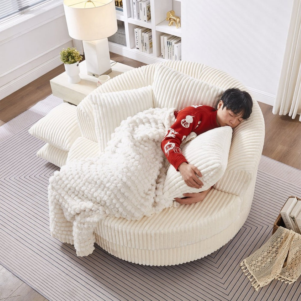 English Elm 360° 360 Swivel Round Lounge Chair Corduroy Upholstered Sculptural Seat with Removable Pillows Beige W3705S00037