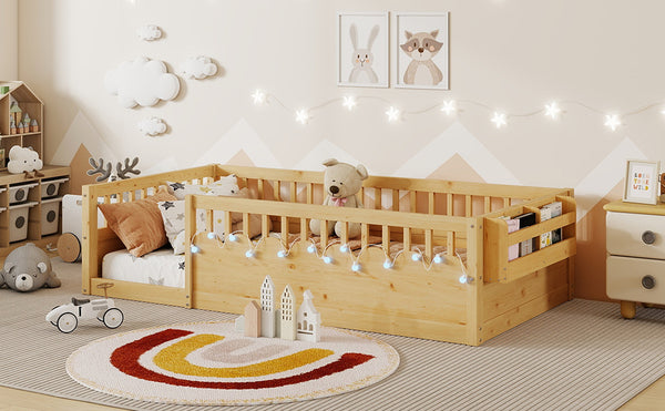 English Elm Twin Montessori Floor Bed Frame with High Rails and Built-In Light Shelf for Safe Independent Sleep Natural 79.13 L x 13 W x 6.3 H W2593P333571