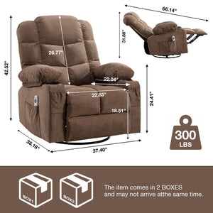 English Elm Massage Rocker Recliner Oversized Chair with Heat Vibration Usb Port and Storage Pockets Brown W1807S00011