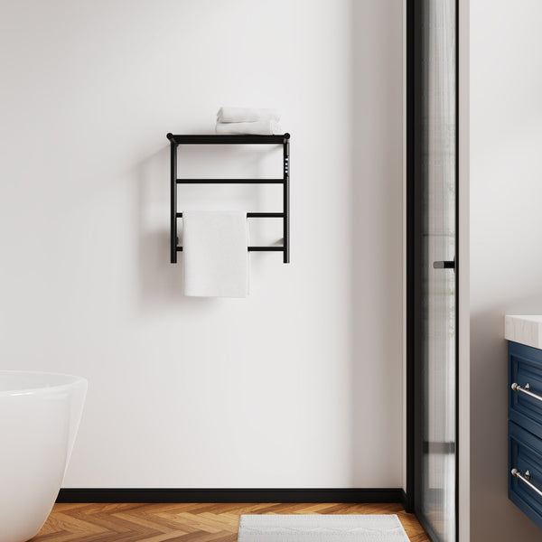 English Elm Heated Carbon-Fiber Towel Rack with Top Shelf and Timer, Rapid 3–7min Warmth, IPX4 Waterproof Black T3177P305030