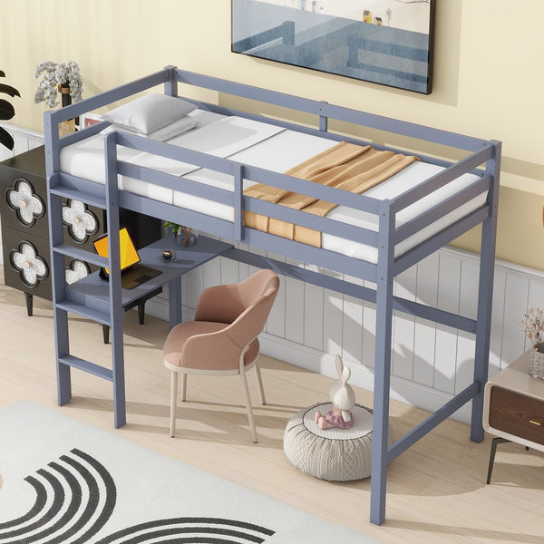 English Elm Twin High Loft Bed with Built-In Desk and Ladder — Space-Saving Rubberwood Study & Sleep Solution Grey W504P206978