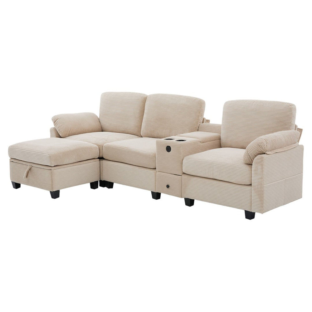English Elm United Multifunctional L-Shaped Corduroy Sofa: 4-Seater With Usb Ports, Storage, And Comfort Features W1568S00226-GIGA