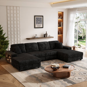 English Elm Convertible U-Shaped Sofa In Soft Corduroy Fabric - Modern 4-Seater For Stylish Living Room Comfort W1793S00033