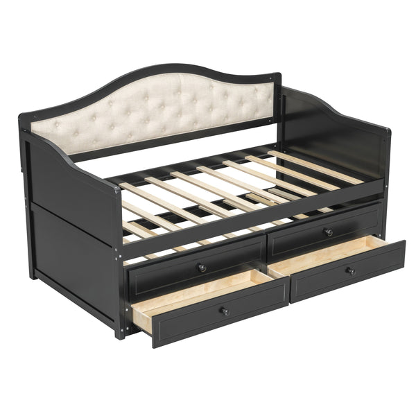 English Elm Twin Daybed with Trundle and 2 Storage Drawers, Upholstered Button-Tufted Sofa Bed for Guest Room Comfort and Organization Black 45.25 L x 19 W x 8 H N733S346767P