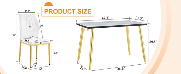English Elm Table and Chair Set Marble Glass Top Gold Leg Modern Glam Dining Room 5 Piece W1151S04653