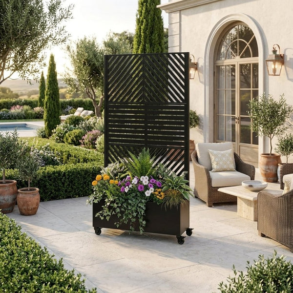 English Elm Metal Raised Garden Bed with Trellis Galvanized Steel Planter on Lockable Wheels W347P399096