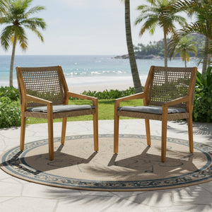 English Elm Modern Outdoor Acacia Wood Wicker Armchairs Patio Dining Set with Cushions N770P272397R