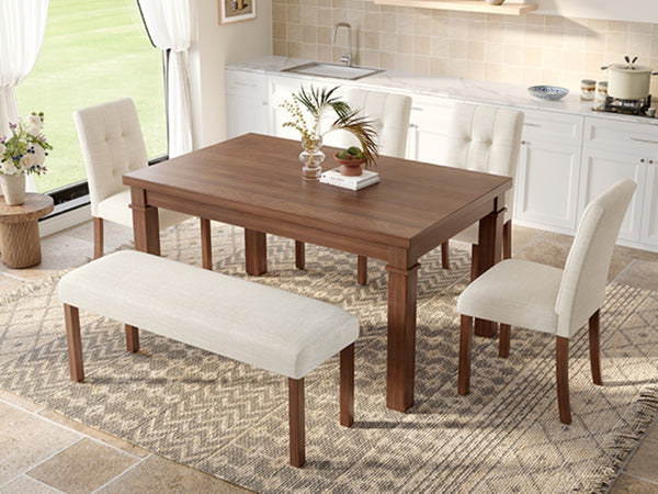 English Elm 6-piece Rectangular Dining Set with Wood Grain Table Four Upholstered Chairs and Bench Walnut N752S000012D
