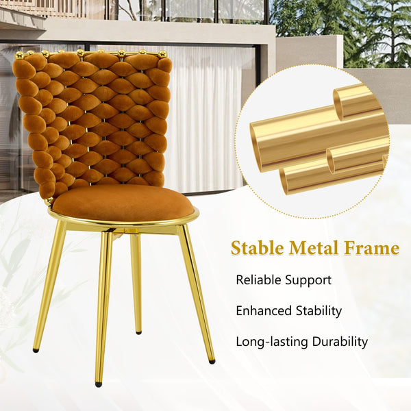English Elm Set of 2 Velvet Dining Chairs with Braided Rope Backrests and Sculptural Metal Legs Gold,Orange W1512P491450