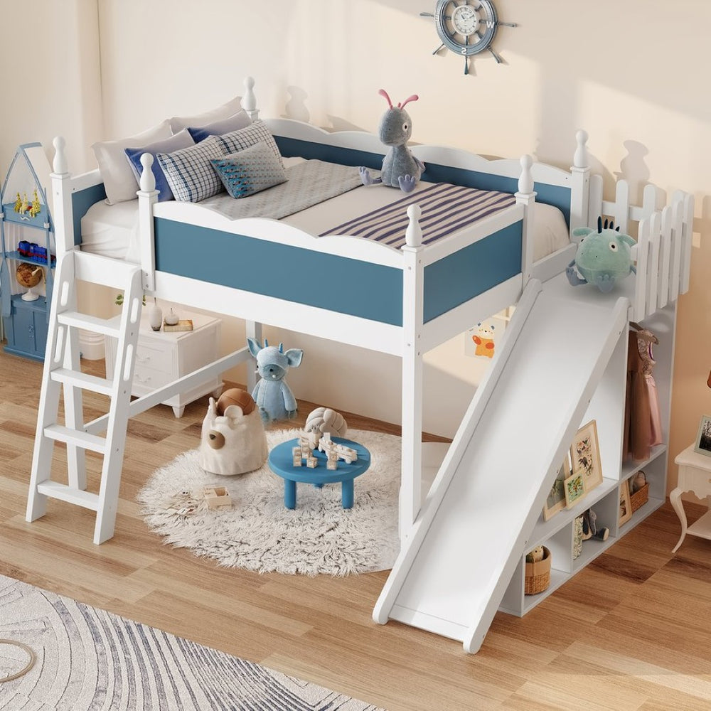 English Elm Twin Loft Bed Solid Pine Frame with Wardrobe Shelving Detachable Slide Kids Room White+Blue W5305S00024