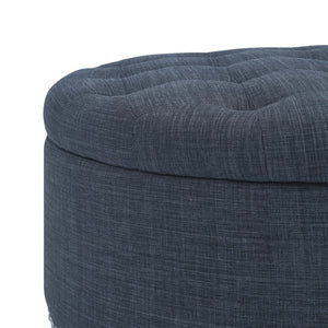 English Elm Tufted Linen Square Ottoman with Lift Top Storage Nailhead Trim Living Room Dark Blue B2748P481672
