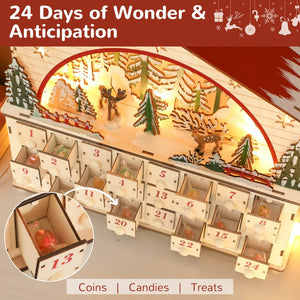 English Elm Christmas Wooden Village Advent Calendar with 24 Drawers and Warm Led Glow T3971P381239