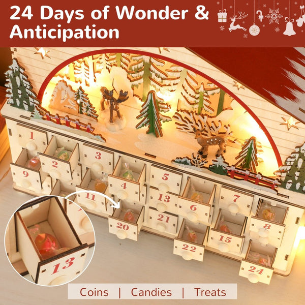 English Elm Christmas Wooden Village Advent Calendar with 24 Drawers and Warm Led Glow T3971P381239