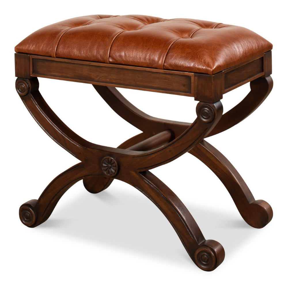 Sarreid Empire Stool W/Leather - Elegant Fruitwood Finish & Durable Old Bay Leather For Timeless Style Brown  27249
