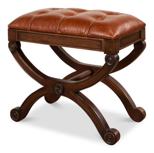 Sarreid Empire Stool W/Leather - Elegant Fruitwood Finish & Durable Old Bay Leather For Timeless Style Brown  27249