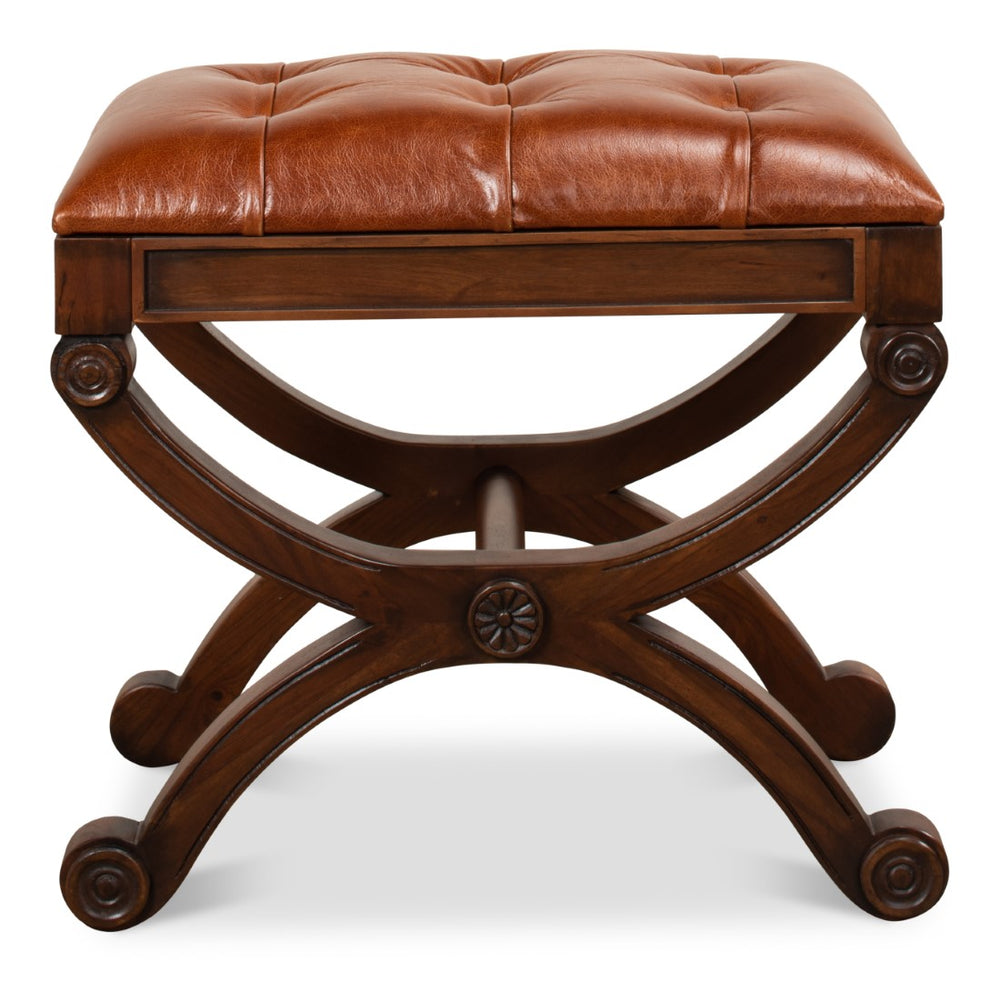 Sarreid Empire Stool W/Leather - Elegant Fruitwood Finish & Durable Old Bay Leather For Timeless Style Brown  27249