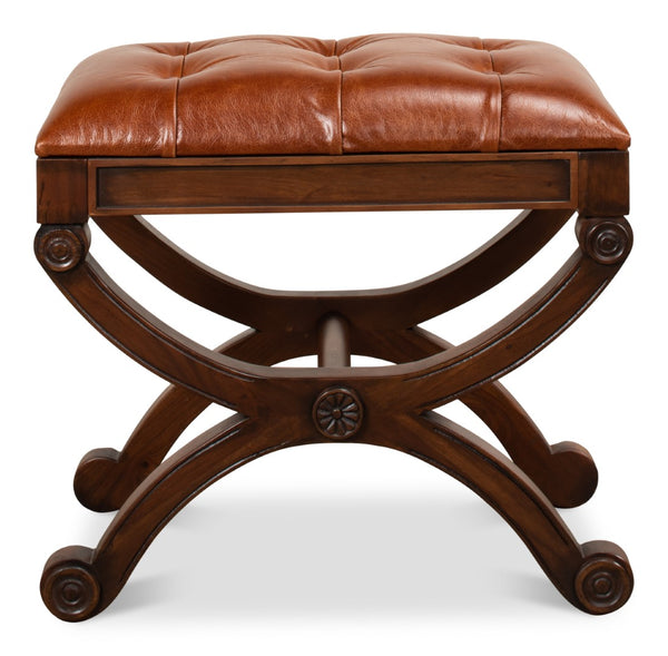 Sarreid Empire Stool W/Leather - Elegant Fruitwood Finish & Durable Old Bay Leather For Timeless Style Brown  27249