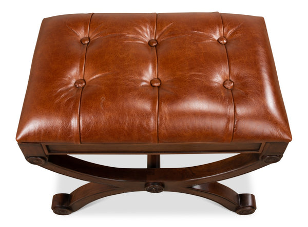 Sarreid Empire Stool W/Leather - Elegant Fruitwood Finish & Durable Old Bay Leather For Timeless Style Brown  27249