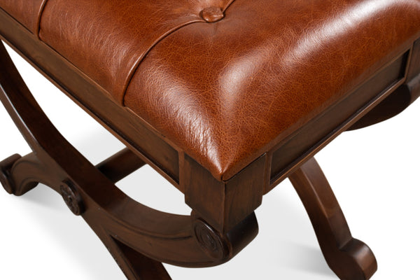 Sarreid Empire Stool W/Leather - Elegant Fruitwood Finish & Durable Old Bay Leather For Timeless Style Brown  27249