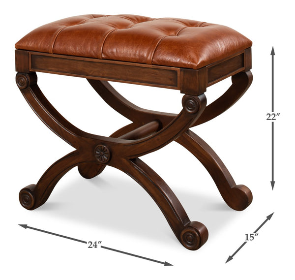 Sarreid Empire Stool W/Leather - Elegant Fruitwood Finish & Durable Old Bay Leather For Timeless Style Brown  27249