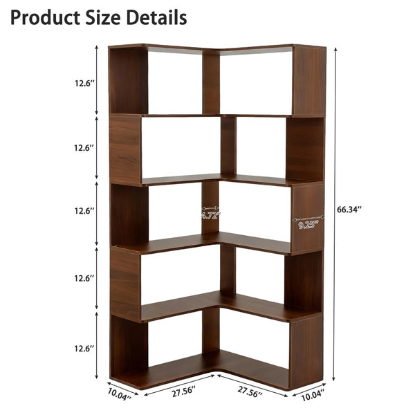 English Elm 6 Tier Corner Bookcase Tall L Shaped Walnut Mdf Open Shelving Unit for Home Office W3204P442028