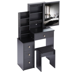 English Elm 29.2" Elegant Space-Saving Vanity Table Set With Stool & Sliding Mirror For Small Bedrooms & Apartments W936P202291