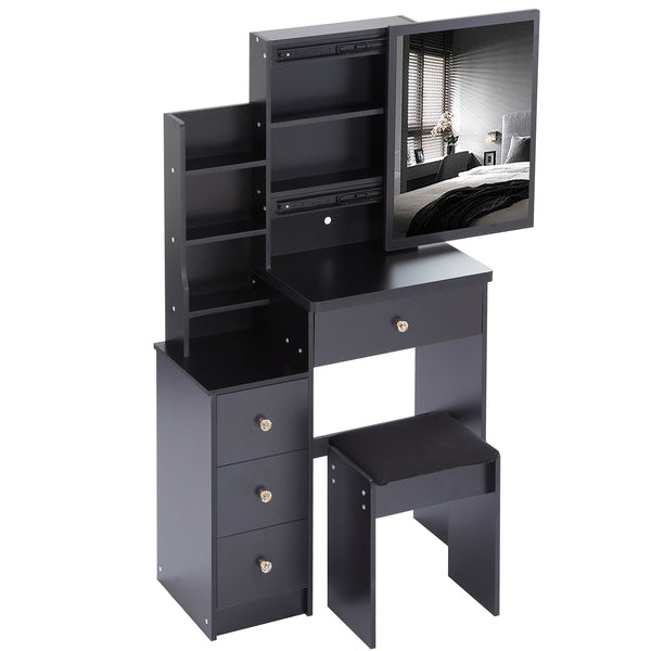 English Elm 29.2" Elegant Space-Saving Vanity Table Set With Stool & Sliding Mirror For Small Bedrooms & Apartments W936P202291