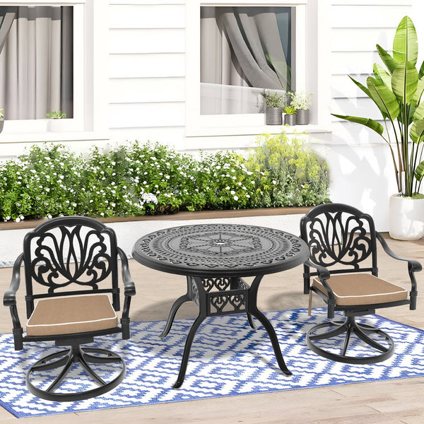 English Elm 3-Piece All-Weather Cast Aluminum Dining Set With Swivel Chairs & Stylish Round Table For Two W1710S00268