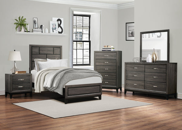 English Elm Modern Twin Bed Gray Finish Wood Grain Twin Bedframe with Line-Design Headboard, Contemporary Style B011S01974