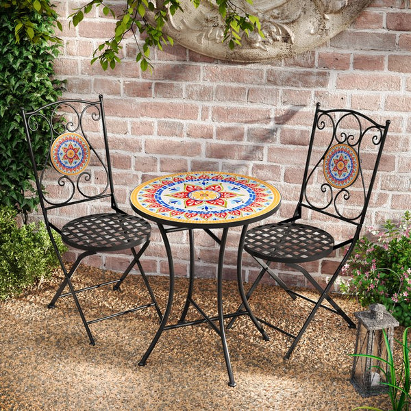 English Elm Christopher Knight Home® - Lambert Outdoor Chat Set Black & Red - Ornate Water-Shedding Ceramic Tile Seats, Iron Frame Patio Elegance N775P215527B