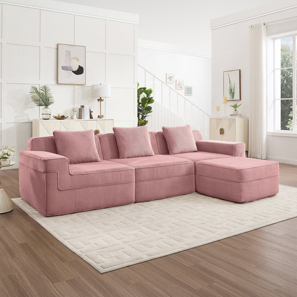 English Elm Modular 3-Seat L-Shape Sectional Sofa In Plush Corduroy - Versatile, No-Assembly Couch With Ottoman! W3041S00339