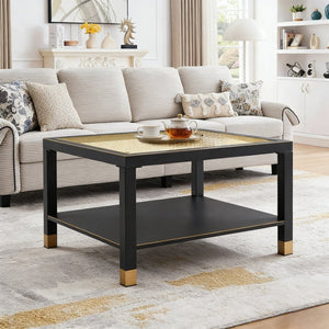 English Elm Industrial Square Coffee Table with Gold Mesh Tempered Glass Top and Matte Steel Legs Black+Gold W3587P456249