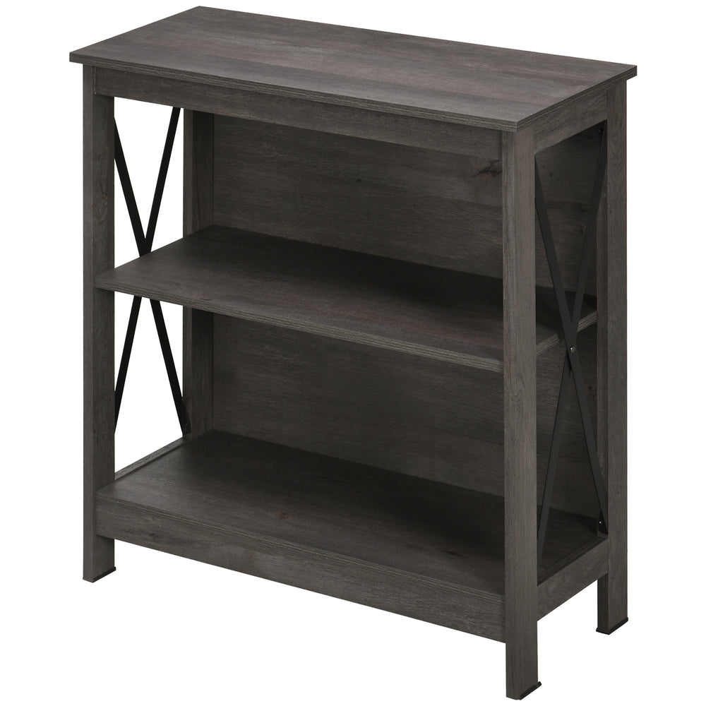 English Elm HOMCOM Industrial Corner Bookshelf 2-Tier Open Display with Metal X-Brace, Grey Engineered Wood, Space-Saving Storage 34" W2225P217755