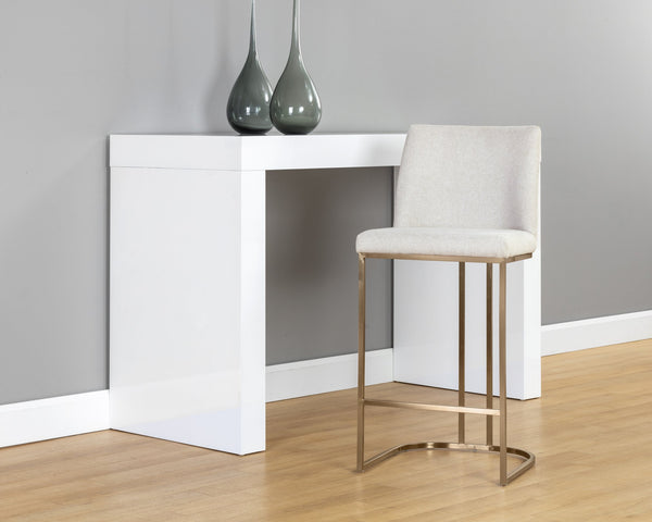 Sunpan Rayla Counter Stool - Elegant Cantilever Design with Textured Fabric and Antique Brass Frame Belfast Oatmeal