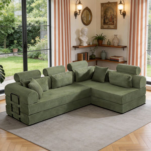 English Elm L Shaped Corduroy Sectional Sofa Converts to Sleeper Bed Space Saving Modular Couch Grayish Green W5532S00006
