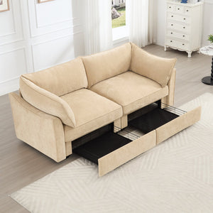 English Elm 2-Seater Chenille Sofa With Storage Drawers, Wraparound Cushions, And Crescent Armrests In Wheat W3041S00172