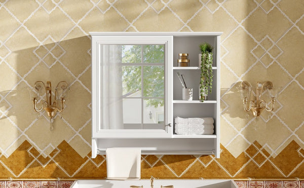 English Elm 30 Inch Wall Mount Mirror Cabinet Mdf Storage with Soft Close Hinges Bathroom Vanity White N710P186086K