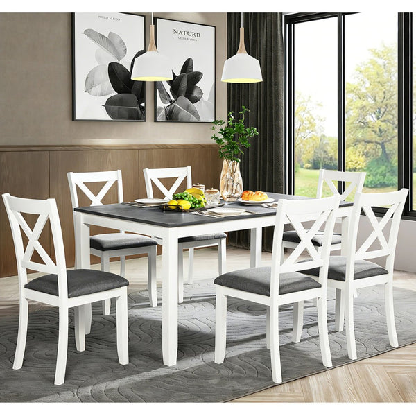 English Elm 6 Piece Rubberwood Dining Set with Bench and Linen Chairs for Transitional Kitchen W1998S00096